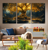 92739-MGV-CV-36X24-Glowing Tree Wall Art – Enchanted Golden Forest Canvas Print, Mystical Illuminated Nature Painting Poster for Living Room,