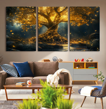 92739-MGV-CV-36X24-Glowing Tree Wall Art – Enchanted Golden Forest Canvas Print, Mystical Illuminated Nature Painting Poster for Living Room,