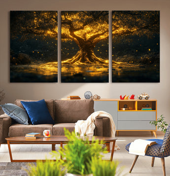 59580-MGV-CV-36X24-Glowing Tree Wall Art – Golden Fantasy Nature Canvas Print, Mystical Illuminated Tree Painting Poster for Living Room, Bedroom,