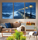 32668-MGV-CV-36X24-Stormy Pier Wall Art – Ocean Waves and Street Lamps Canvas Print, Rainy Night Seascape Oil Painting Poster for Living Room,