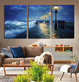 76572-MGV-CV-36X24-Stormy Night Pier Wall Art – Ocean Waves and Street Lamps Canvas Print, Rainy Seascape Oil Painting Poster for Living Room,
