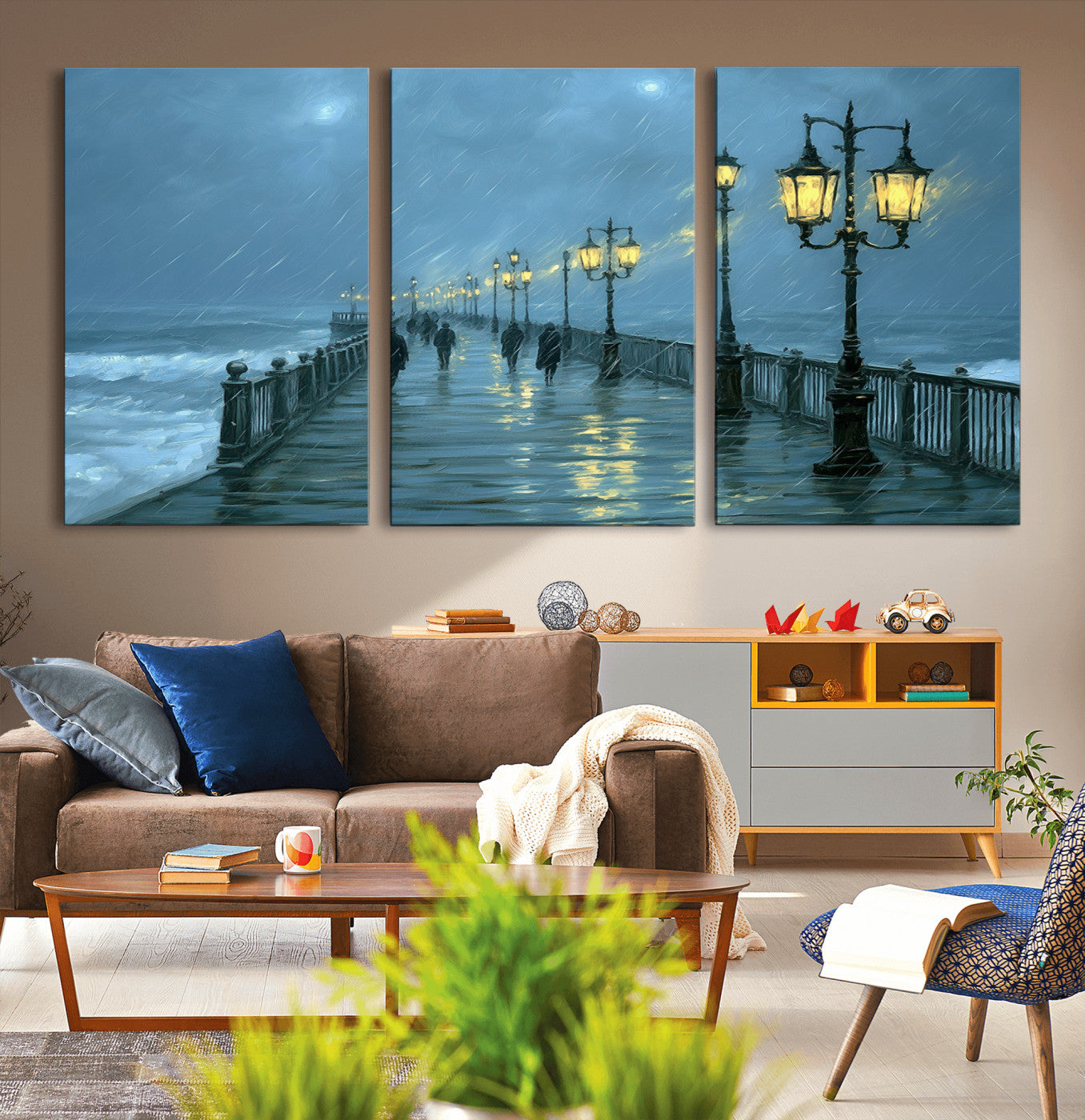 79606-MGV-CV-60X30-3P-Rainy Pier Night Wall Art – Ocean Waves and Street Lamps Canvas Print, Moody Seascape Oil Painting Poster for Living Room,