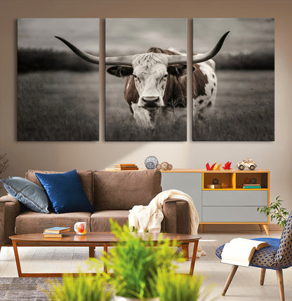 69238-MGV-CV-36X24-Longhorn Bull Wall Art – Rustic Black and White Texas Cattle Canvas Print, Western Farmhouse Animal Photography for Living Room,