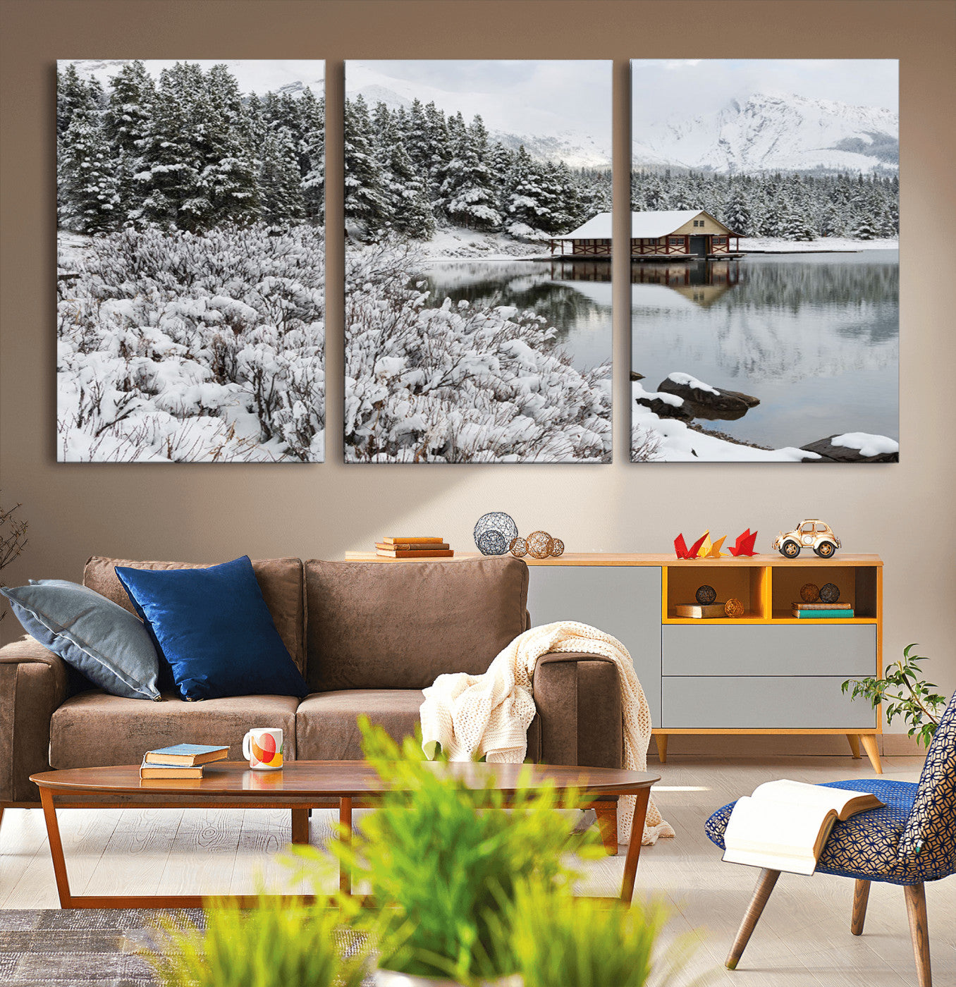 94285-MGV-CV-36X24-Snowy Cabin Wall Art Canvas Print, Framed Winter Cabin Art Picture Print, Mountain Lake Perfect Snowy Nature Decor Artwork