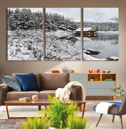 94285-MGV-CV-36X24-Snowy Cabin Wall Art Canvas Print, Framed Winter Cabin Art Picture Print, Mountain Lake Perfect Snowy Nature Decor Artwork