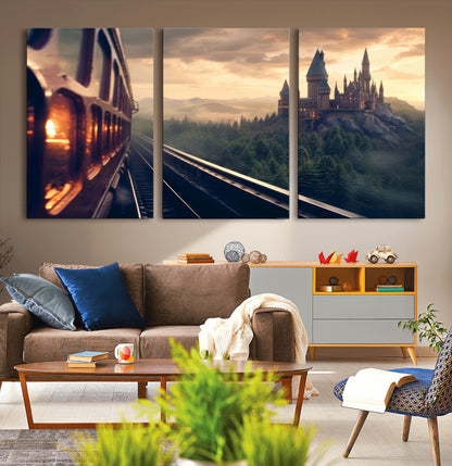 84029-MGV-CV-36X24-Fantasy Castle Wall Art – Magical Train Sunset Forest Canvas Print, Enchanted Landscape Painting Poster for Living Room, Bedroom,