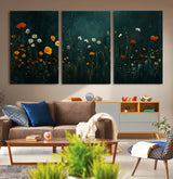 87037-MGV-CV-36X24-Wildflower Wall Art – Dark Botanical Floral Canvas Print, Modern Nature Painting Poster with Daisies Poppies Orange Flowers for