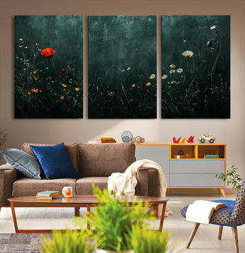 26218-MGV-CV-36X24-Wildflower Wall Art – Dark Botanical Floral Canvas Print, Modern Nature Painting Poster with Daisy Poppy Yellow Flowers for Living
