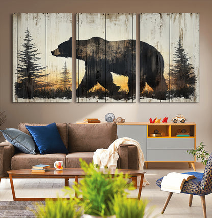 83875-MGV-CV-36X24-Sunset Bear Wall Art – Rustic Wildlife Canvas Print with Forest Silhouette, Cabin Lodge Decor for Living Room or Office
