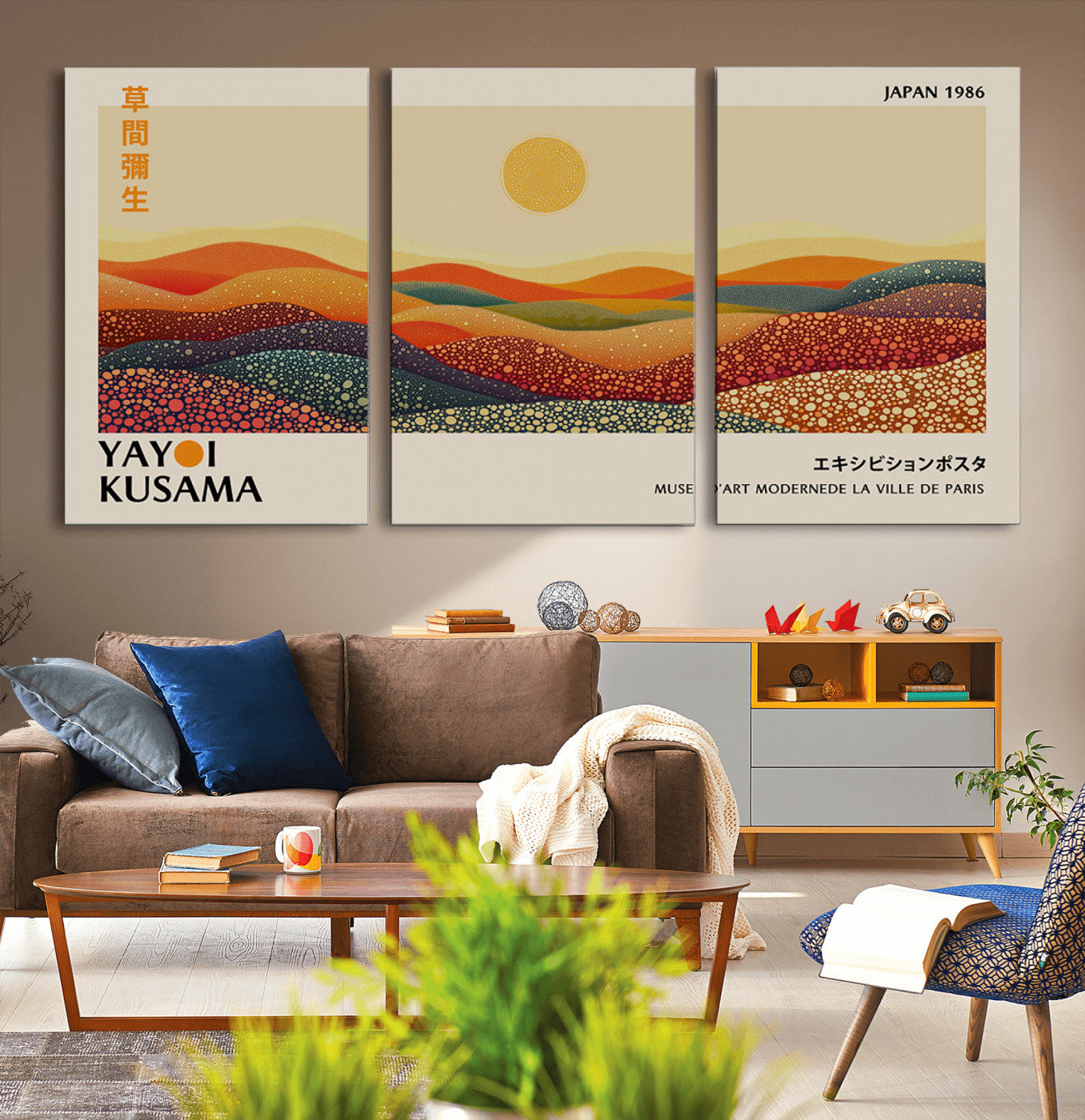 88180-MGV-CV-36X24-Yayoi Kusama Landscape Wall Art – Abstract Dotted Mountain Canvas Print, Retro Sun Poster for Modern Living Room, Office or