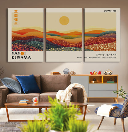 88180-MGV-CV-36X24-Yayoi Kusama Landscape Wall Art – Abstract Dotted Mountain Canvas Print, Retro Sun Poster for Modern Living Room, Office or