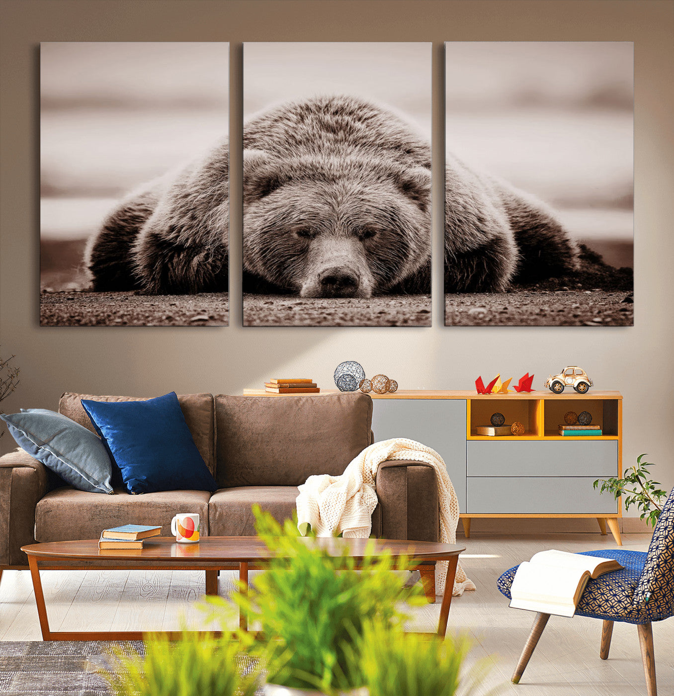 20611-MGV-CV-36X24-Grizzly Bear Wall Art – Majestic Wildlife Sepia Canvas Print, Rustic Nature Animal Artwork for Cabin, Lodge, Living Room, Bedroom,