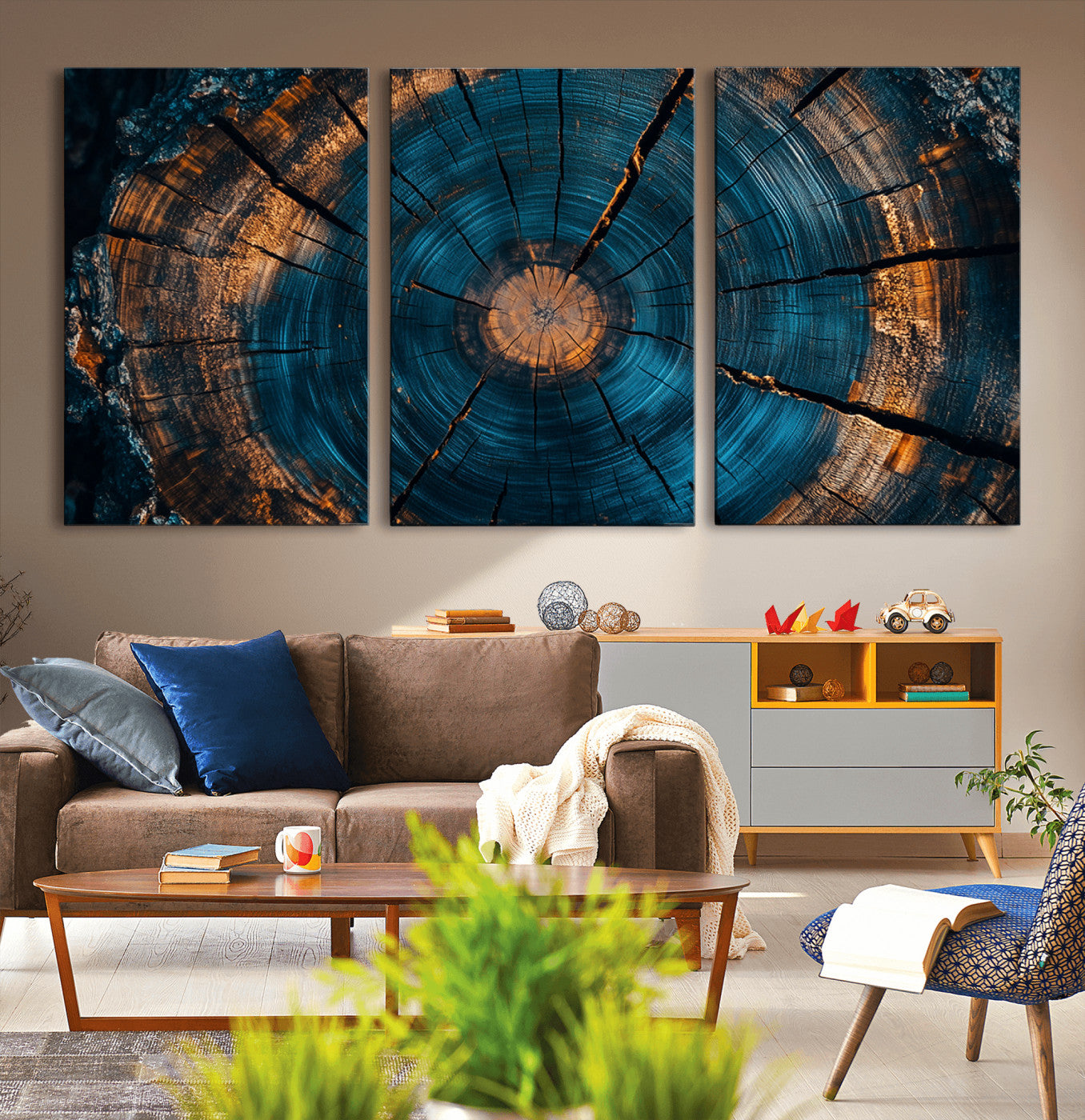 65231-MGV-CV-36X24-Blue and Gold Tree Ring Wall Art – Rustic Abstract Wood Slice Canvas Print, Modern Nature Inspired Artwork for Living Room,