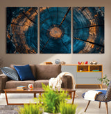 65231-MGV-CV-36X24-Blue and Gold Tree Ring Wall Art – Rustic Abstract Wood Slice Canvas Print, Modern Nature Inspired Artwork for Living Room,