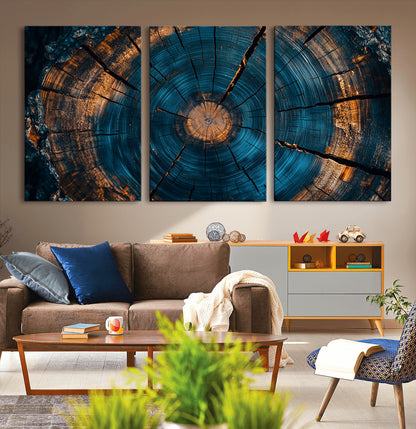 65231-MGV-CV-36X24-Blue and Gold Tree Ring Wall Art – Rustic Abstract Wood Slice Canvas Print, Modern Nature Inspired Artwork for Living Room,