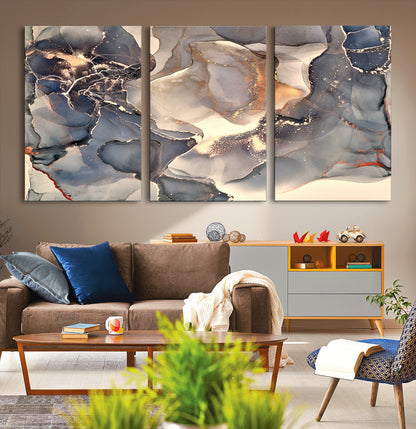 18202-MGV-CV-36X24-Abstract Neutral Wall Art – Blue, Beige and Gold Fluid Ink Canvas Print, Modern Minimalist Painting for Living Room, Office