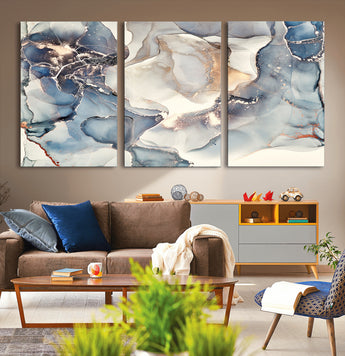 51497-MGV-CV-36X24-Abstract Blue and Gold Wall Art – Modern Fluid Ink Style Canvas Print, Elegant Contemporary Decor for Living Room, Office