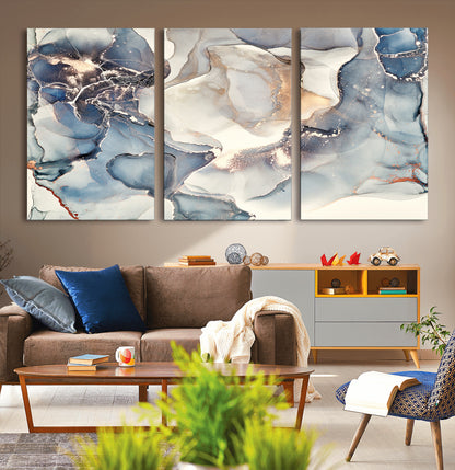 51497-MGV-CV-36X24-Abstract Blue and Gold Wall Art – Modern Fluid Ink Style Canvas Print, Elegant Contemporary Decor for Living Room, Office