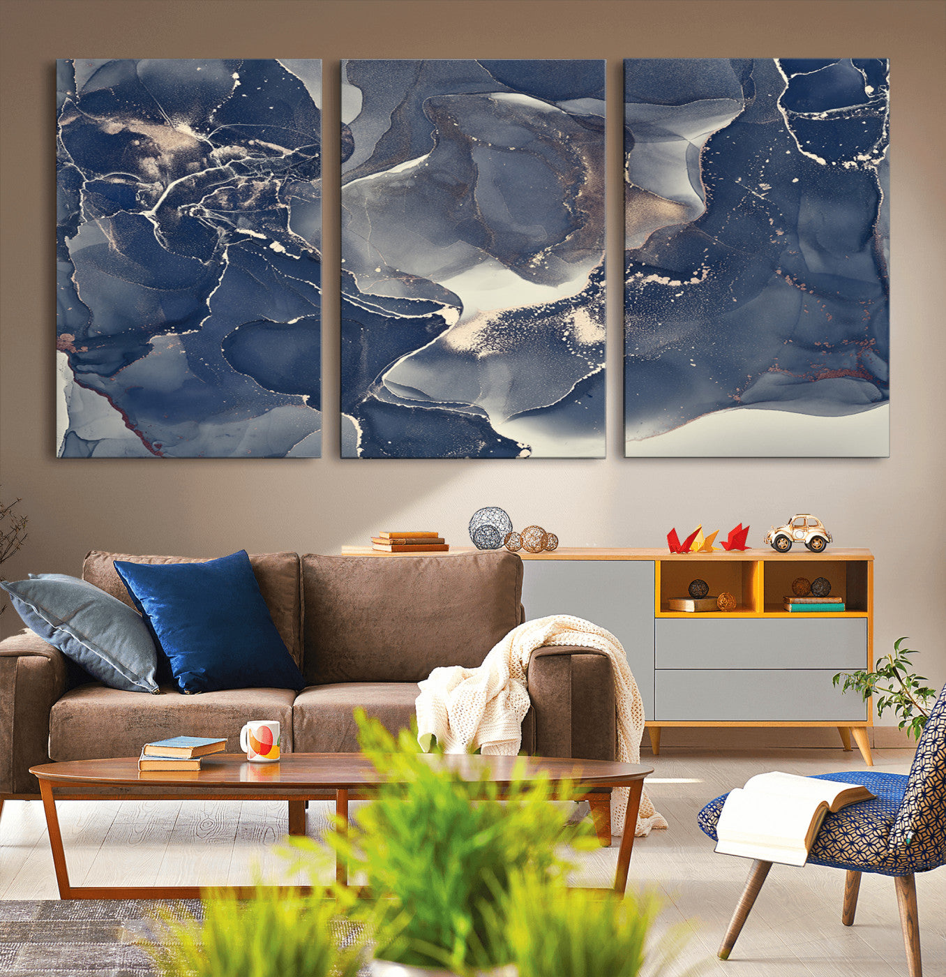 28282-MGV-CV-36X24-Blue Abstract Wall Art – Modern Ink Swirl Canvas Print, Contemporary Navy and Gold Painting for Living Room, Bedroom, Office or