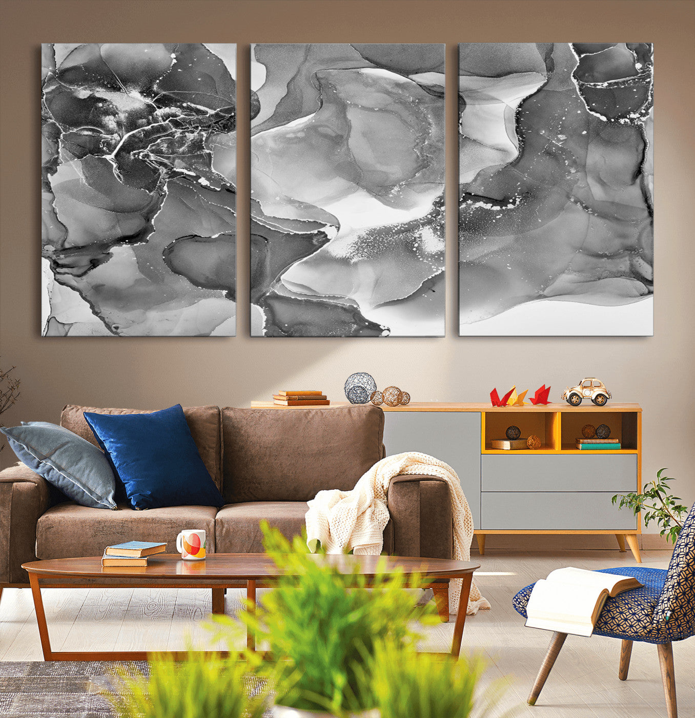 15911-MGV-CV-60X30-3P-Black and White Abstract Wall Art – Modern Ink Swirl Canvas Print, Minimalist Contemporary Painting for Living Room, Bedroom,