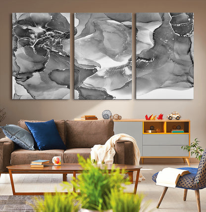 15911-MGV-CV-60X30-3P-Black and White Abstract Wall Art – Modern Ink Swirl Canvas Print, Minimalist Contemporary Painting for Living Room, Bedroom,