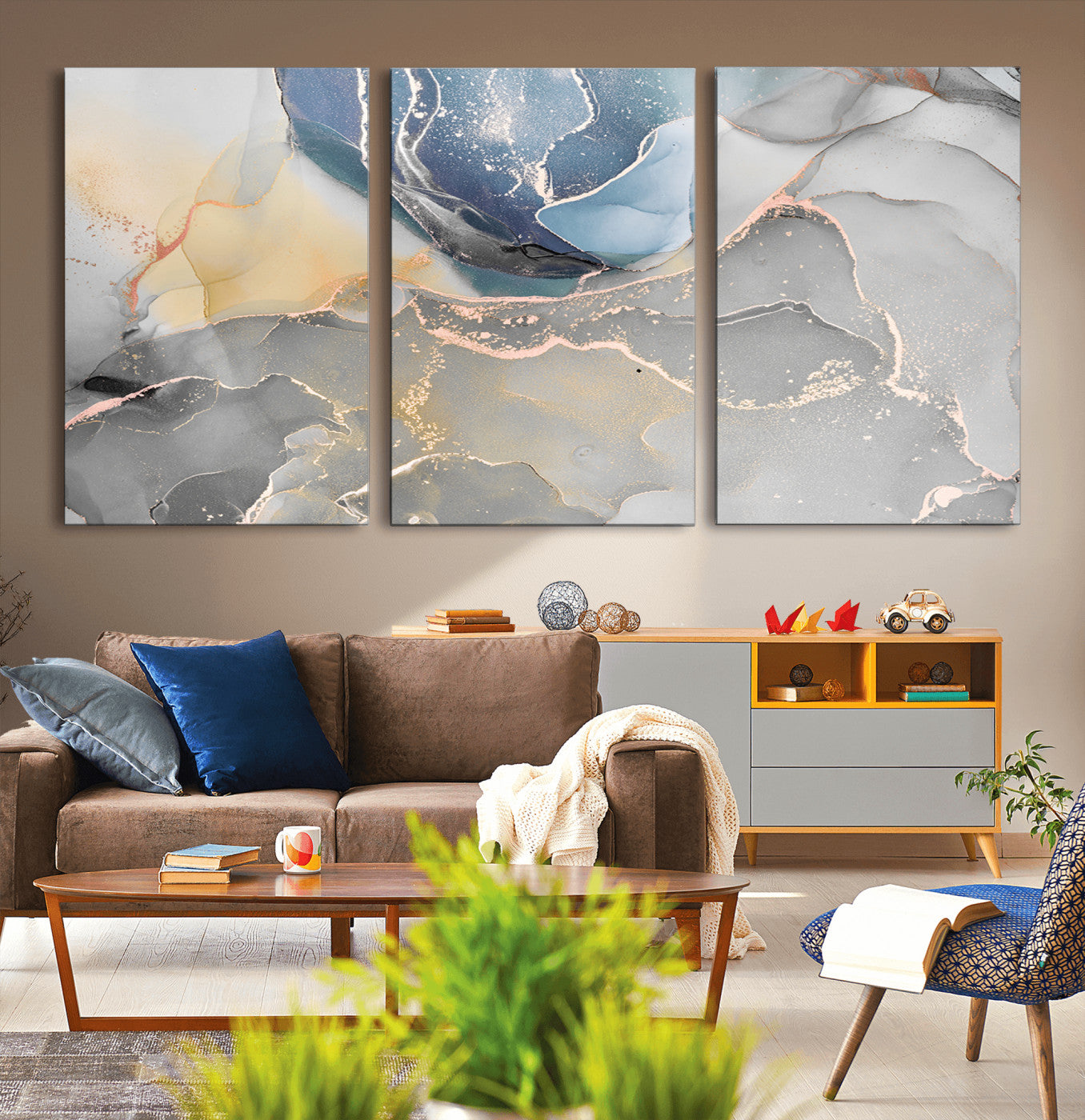 18176-MGV-CV-36X24-Abstract Fluid Wall Art – Modern Marble Ink Canvas Print with Blue, Gold, and Gray Tones, Contemporary Minimal Artwork Decor for