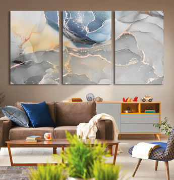 18176-MGV-CV-36X24-Abstract Fluid Wall Art – Modern Marble Ink Canvas Print with Blue, Gold, and Gray Tones, Contemporary Minimal Artwork Decor for