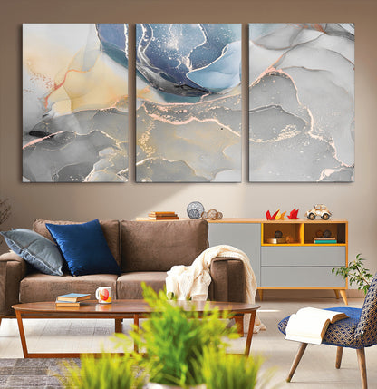 18176-MGV-CV-36X24-Abstract Fluid Wall Art – Modern Marble Ink Canvas Print with Blue, Gold, and Gray Tones, Contemporary Minimal Artwork Decor for