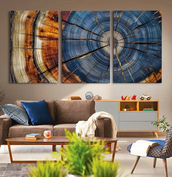 10583-MGV-CV-36X24-Tree Ring Wall Art – Abstract Wood Grain Canvas Print with Blue and Brown Tones, Nature Inspired Rustic Artwork for Living Room,