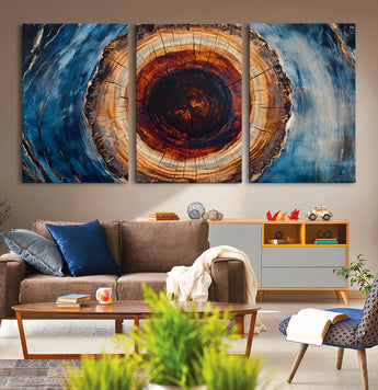 30457-MGV-CV-36X24-Tree Ring Wall Art – Abstract Wood Grain Canvas Print with Brown and Blue Swirl, Rustic Nature Inspired Artwork for Living Room,