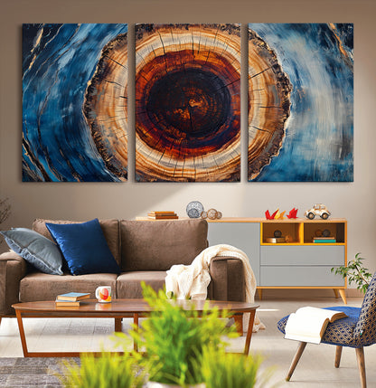 30457-MGV-CV-36X24-Tree Ring Wall Art – Abstract Wood Grain Canvas Print with Brown and Blue Swirl, Rustic Nature Inspired Artwork for Living Room,
