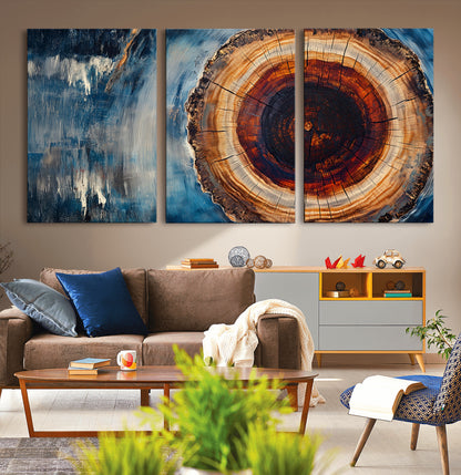 48045-MGV-CV-36X24-Tree Ring Abstract Wall Art – Rustic Wood Grain Canvas Print with Brown Center and Blue Brush Strokes, Nature Inspired Artwork for