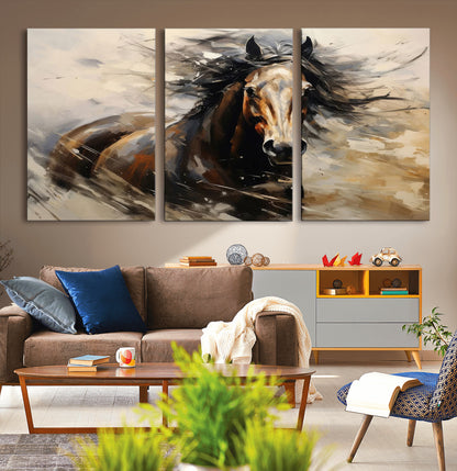 53001-MGV-CV-60X30-3P-Wild Horse Wall Art – Majestic Stallion Canvas Print with Flowing Mane, Rustic Western Style Painting for Living Room, Office or