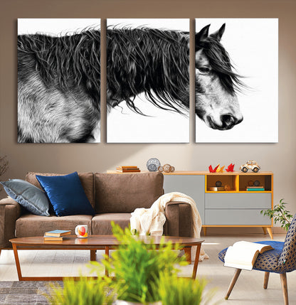 57694-MGV-CV-36X24-Horse Portrait Wall Art – Black and White Canvas Print with Detailed Stallion Profile, Rustic Farmhouse Equestrian Artwork for