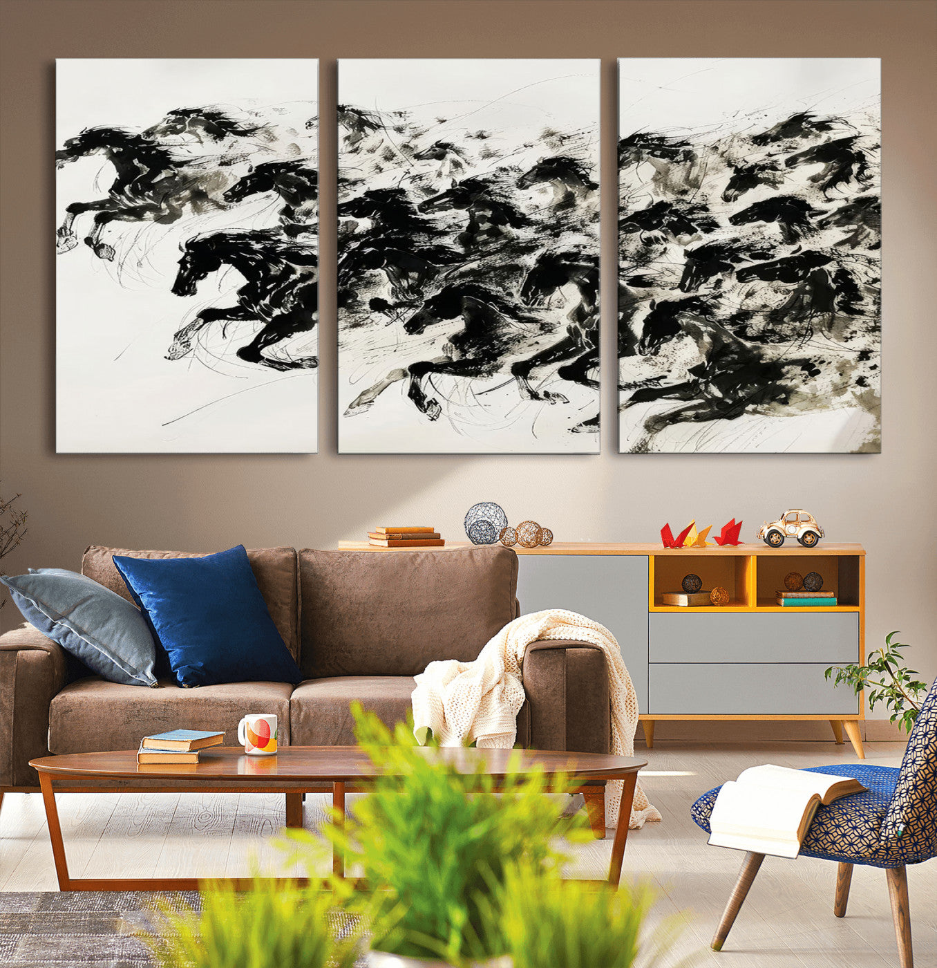 23069-MGV-CV-36X24-Galloping Horses Wall Art – Black Ink Painting on Canvas, Dynamic Equestrian Artwork with Running Stallions, Expressive Modern