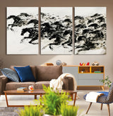 23069-MGV-CV-36X24-Galloping Horses Wall Art – Black Ink Painting on Canvas, Dynamic Equestrian Artwork with Running Stallions, Expressive Modern