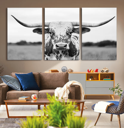 20272-MGV-CV-36X24-Highland Cow Wall Art – Black and White Western Longhorn Canvas Print, Farmhouse Living Room Decor Southwestern Animal Artwork for