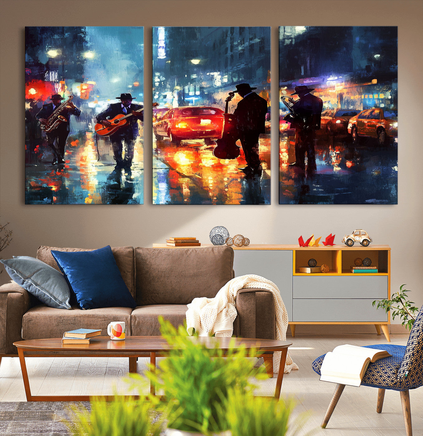 94605-MGV-CV-36X24-City Jazz Night Wall Art – Vibrant Music Canvas Print Featuring Saxophone, Guitar and Bass Players, Urban Street Scene Artwork for