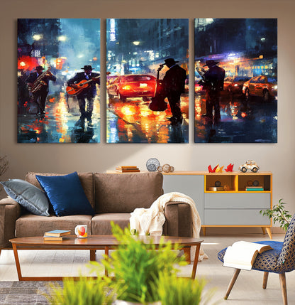 94605-MGV-CV-36X24-City Jazz Night Wall Art – Vibrant Music Canvas Print Featuring Saxophone, Guitar and Bass Players, Urban Street Scene Artwork for