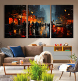 46538-MGV-CV-36X24-Urban Jazz Night Wall Art – Dramatic Music Canvas Print with Double Bass and Street Musicians, Modern City Scene Artwork for