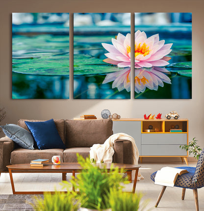 65933-MGV-CV-36X24-Pink Water Lily Wall Art – Lotus Flower Canvas Print with Reflection on Calm Water, Peaceful Botanical Artwork for Living Room,