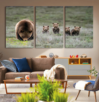 65087B-MGV-CV-36X24-Bear Family Wall Art – Wildlife Canvas Print Featuring Mother Bear with Cubs in Nature, Rustic Animal Artwork for Living Room,