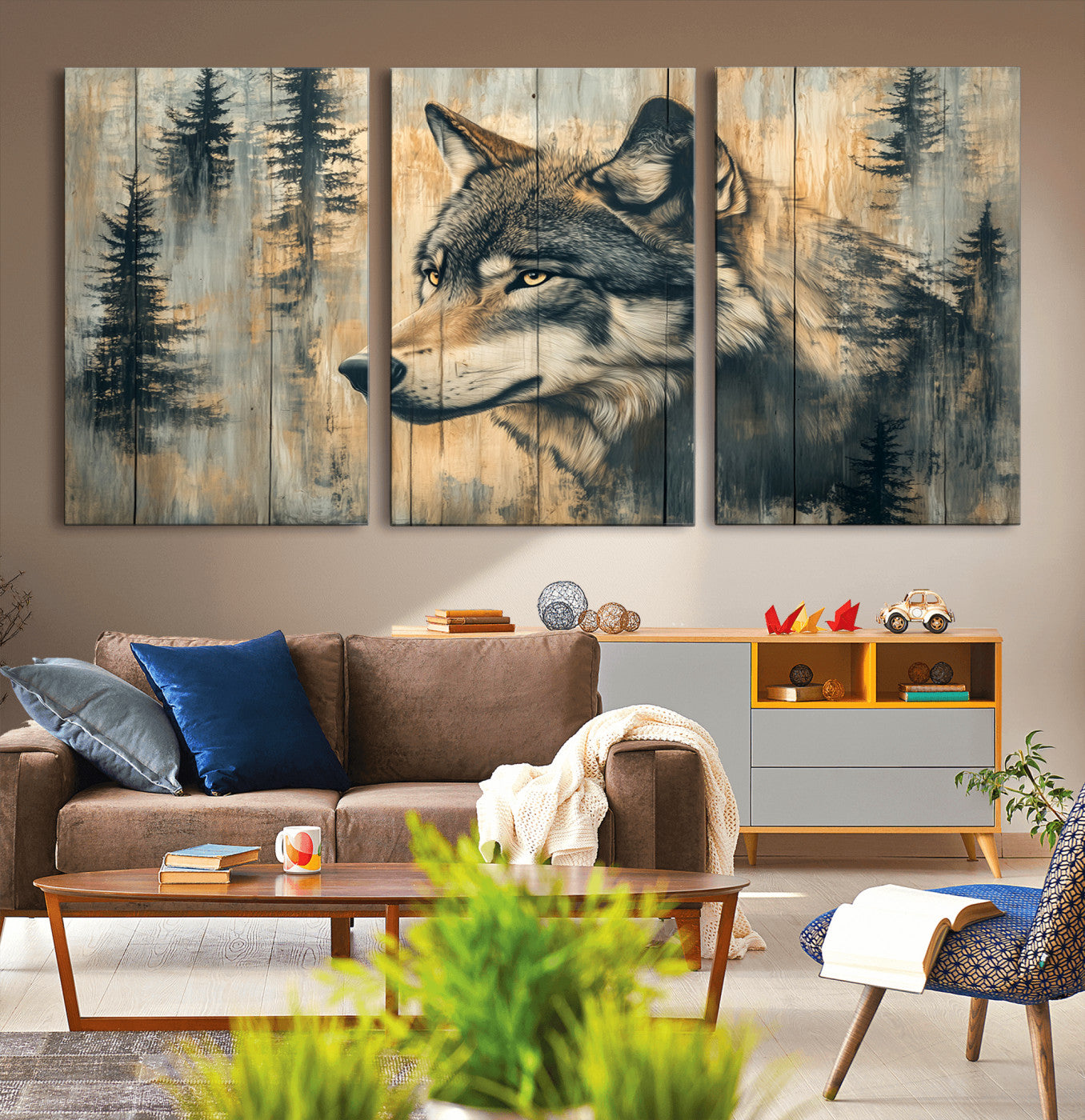 51892-MGV-CV-36X24-Wolf Wall Art – Rustic Canvas Print of Wolf with Forest Trees on Wood Texture, Wildlife Lodge Artwork for Living Room, Bedroom,