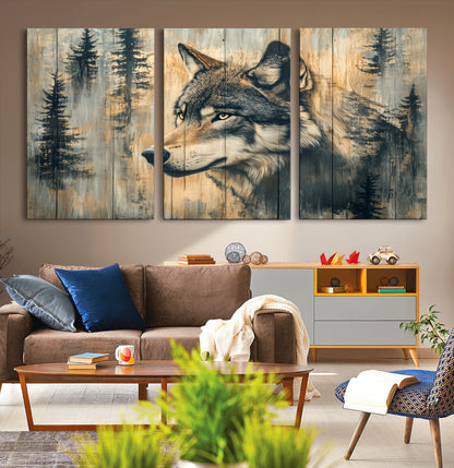 51892-MGV-CV-36X24-Wolf Wall Art – Rustic Canvas Print of Wolf with Forest Trees on Wood Texture, Wildlife Lodge Artwork for Living Room, Bedroom,