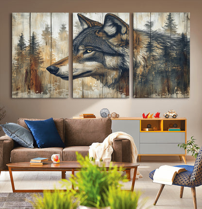 91882-MGV-CV-36X24-Wolf Wall Art – Rustic Canvas Print of Forest Wolf on Wood Background, Wildlife Lodge Artwork for Living Room, Bedroom, Cabin, or