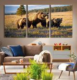 43400-MGV-CV-36X24-Bear Family Wall Art – Wildlife Canvas Print of Mother Bear with Cubs in Sunlit Meadow, Rustic Animal Artwork for Living Room,