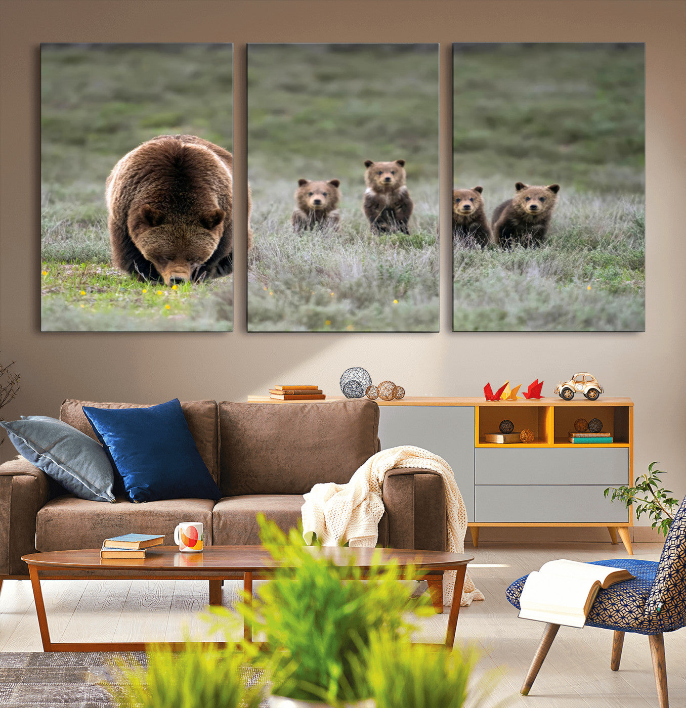 40555-MGV-CV-36X24-Bear Family Wall Art – Wildlife Canvas Print of Mother Bear with Four Cubs in Nature, Rustic Animal Artwork for Living Room,