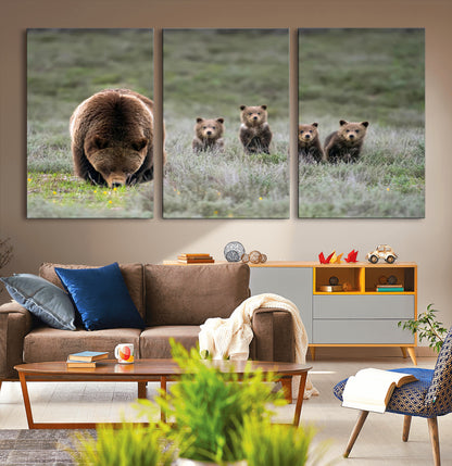 40555-MGV-CV-36X24-Bear Family Wall Art – Wildlife Canvas Print of Mother Bear with Four Cubs in Nature, Rustic Animal Artwork for Living Room,