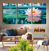 30320-MGV-CV-36X24-Pink Water Lily Wall Art – Lotus Flower Canvas Print with Reflection Water, Peaceful Botanical Artwork for Living Room, Bedroom,