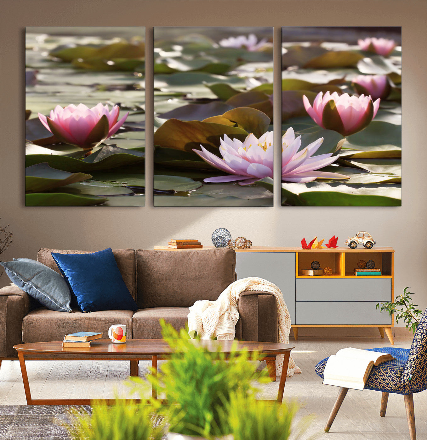 28394-MGV-CV-36X24-Water Lily Pond Wall Art – Pink Lotus Flowers Canvas Print with Green Lily Pads, Peaceful Botanical Artwork for Living Room,